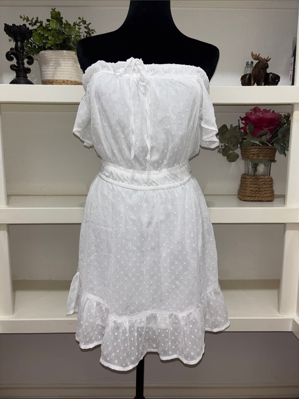 White Off-Shoulder Swiss Dot Mini Dress with Ruffle Hem Size S